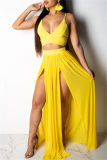 Yellow Fashion Sexy Solid Split Joint Backless Spaghetti Strap Sleeveless Two Pieces