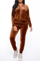 Brown Fashion Casual Solid Zipper Hooded Collar Long Sleeve Two Pieces