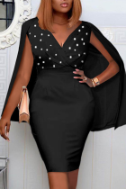 Black Sexy Solid Pearl V Neck Pencil Skirt Dresses