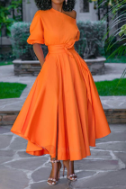 Orange Casual Solid Split Joint One Shoulder Cake Skirt Dresses
