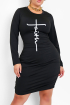 Black Fashion Casual Print Basic O Neck Long Sleeve Dresses