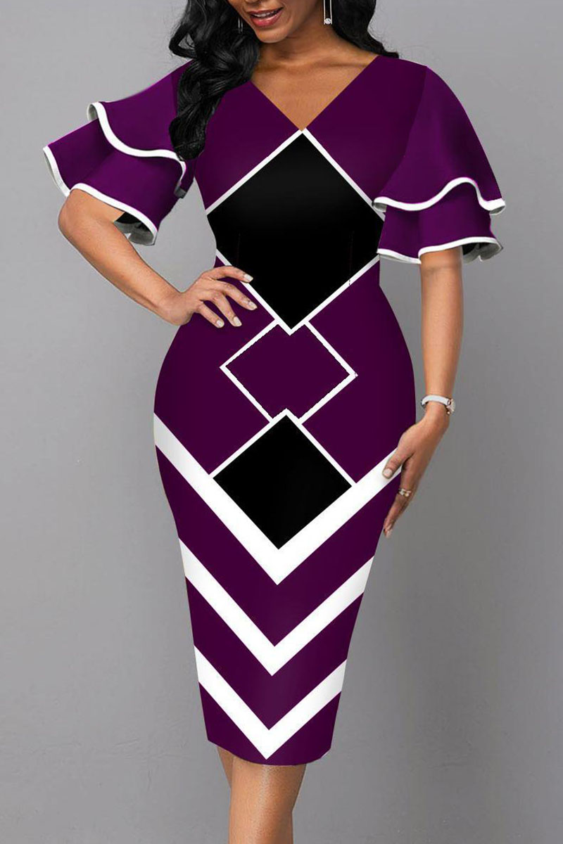 Purple Elegant Geometric Print Patchwork V Neck Pencil Skirt Dresses ...