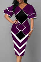 Purple Elegant Geometric Print Patchwork V Neck Pencil Skirt Dresses