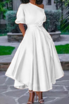 White Casual Solid Split Joint One Shoulder Cake Skirt Dresses