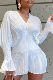 White Sexy Solid Mesh V Neck Cake Skirt Dresses