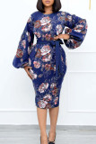 Green Fashion Casual Print With Belt O Neck Long Sleeve Dresses