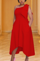 Red Casual Solid Split Joint One Shoulder Irregular Dress Dresses