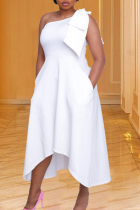 White Casual Solid Patchwork One Shoulder Irregular Dress Dresses