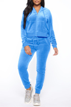 Light Blue Fashion Casual Solid Zipper Hooded Collar Long Sleeve Two Pieces