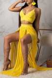 Yellow Fashion Sexy Solid Split Joint Backless Spaghetti Strap Sleeveless Two Pieces