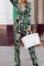 Green Casual Work Print Split Joint Turn-back Collar Long Sleeve Two Pieces