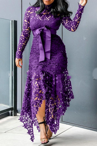 Purple Sexy Patchwork Patchwork Half A Turtleneck Irregular Dress Dresses