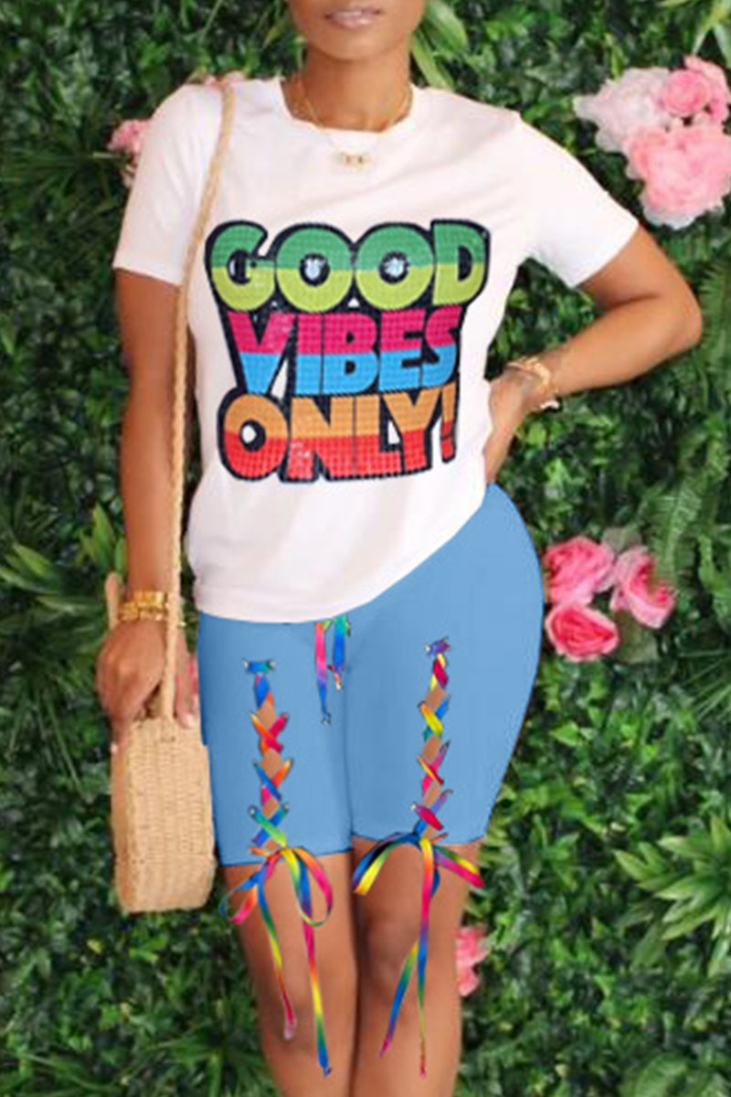

Blue Casual Letter Print Bandage O Neck Short Sleeve Two Pieces