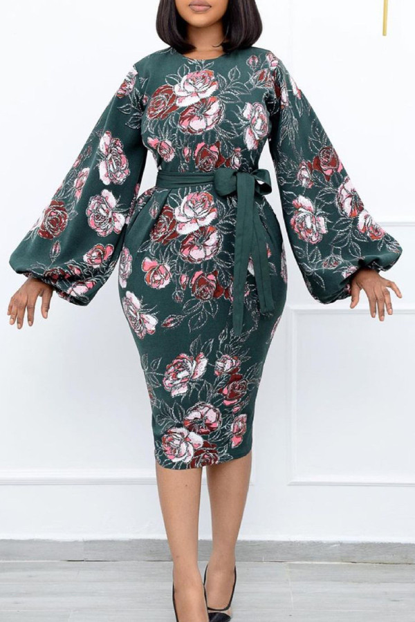 Green Fashion Casual Print With Belt O Neck Long Sleeve Dresses