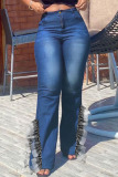 Blue Fashion Street Solid Patchwork Plus Size Jeans