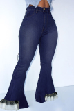 Blue Fashion Casual Patchwork Buttons Zipper High Waist Boot Cut Jeans