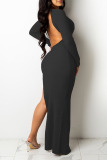 Black Sexy Solid Patchwork Backless High Opening Asymmetrical V Neck Pencil Skirt Dresses