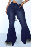 Blue Fashion Casual Patchwork Buttons Zipper High Waist Boot Cut Jeans