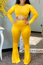 Yellow Fashion Casual Solid Basic O Neck Long Sleeve Two Pieces