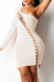 Black Fashion Sexy Solid Bandage Hollowed Out Oblique Collar Long Sleeve Dresses