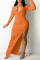 Tangerine Red Sexy Solid Split Joint Backless High Opening Asymmetrical V Neck Pencil Skirt Dresses