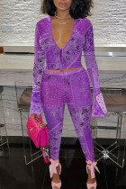 Purple Sexy Print Patchwork Frenulum V Neck Long Sleeve Two Pieces