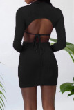 Black Sexy Solid Hollowed Out Patchwork Backless Asymmetrical O Neck Pencil Skirt Dresses