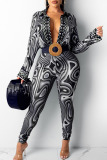 Black Gray Sexy Print Patchwork Turndown Collar Long Sleeve Two Pieces(Without Belt)