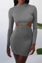 Grey Sexy Solid Hollowed Out Patchwork Backless Asymmetrical O Neck Pencil Skirt Dresses
