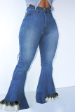 Deep Blue Fashion Casual Patchwork Buttons Zipper High Waist Boot Cut Jeans