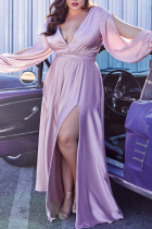 Pink Fashion Sexy Solid Hollowed Out Slit V Neck Evening Dress Plus Size Dresses