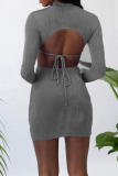 Grey Sexy Solid Hollowed Out Patchwork Backless Asymmetrical O Neck Pencil Skirt Dresses