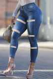 Light Blue Fashion Street Solid Ripped Split Joint Plus Size Jeans