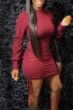 Burgundy Casual Solid Patchwork Draw String Fold O Neck Dresses