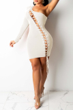 Cream White Fashion Sexy Solid Bandage Hollowed Out Oblique Collar Long Sleeve Dresses