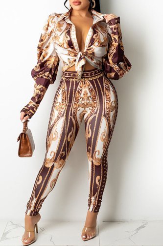 Coffee Fashion Casual Print Basic Turndown Collar Long Sleeve Two Pieces
