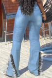 Deep Blue Fashion Street Solid Patchwork Plus Size Jeans