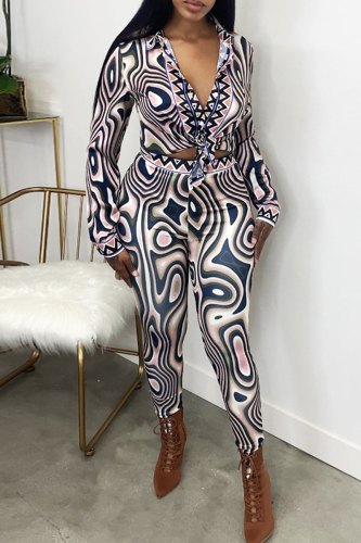 Deep Blue Fashion Casual Print Basic Turndown Collar Long Sleeve Two Pieces