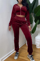 Burgundy Fashion Casual Solid Zipper Hooded Collar Long Sleeve Two Pieces