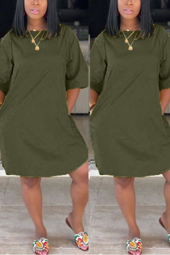 Army Green adult Sexy Fashion Cap Sleeve Half Sleeves O neck Straight Knee-Length Solid Patchwork Ca