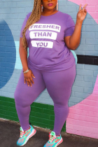 Purple Fashion Plus Size Printed T-shirt Trousers Set