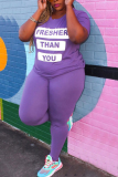Purple Fashion Plus Size Printed T-shirt Trousers Set