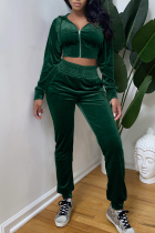 Green Fashion Casual Solid Zipper Hooded Collar Long Sleeve Two Pieces
