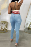 Medium Blue Fashion Street Solid Ripped Plus Size Jeans