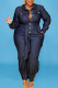 Deep Blue Casual Solid Split Joint Buckle Buttons With Belt Turndown Collar Plus Size Jumpsuits