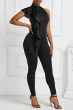 Black Fashion Casual Solid Patchwork O Neck Jumpsuits