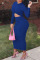 Royal Blue Fashion Casual Solid Fold O Neck One Step Skirt Dresses