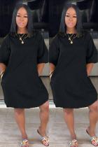 Black adult Sexy Fashion Cap Sleeve Half Sleeves O neck Straight Knee-Length Solid Patchwork Ca