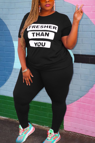 Black Fashion Plus Size Printed T-shirt Trousers Set