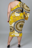 Yellow Bohemian Print Hollowed Out Patchwork Asymmetrical Oblique Collar One Step Skirt Plus Size Dresses